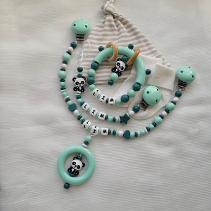 3tlg Schnullerkette Kinderwagenkette Greifring Panda mint petrol