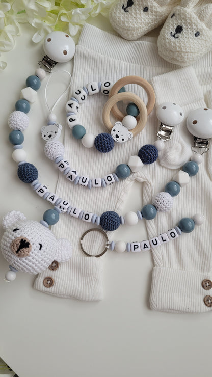4 tlg Mega Komplett Set inkl. Schlüsselanhänger Bärchen graublau