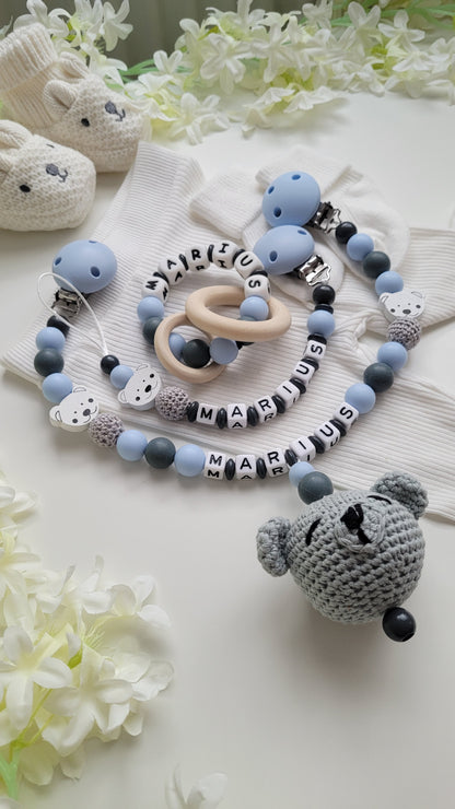 3tlg Set Schnullerkette Kinderwagenkette Greifling Bärchen blau weiss