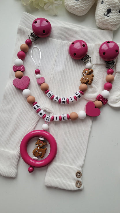 3er Set Schnullerkette Kinderwagenkette & Greifring mit Namen Rehe & Herzen
