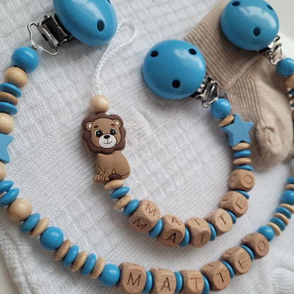 Kinderwagenkette & Schnullerkette Set Baby Löwe Teddy  blau