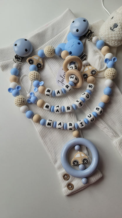 3er Set Schnullerkette Kinderwagenkette & Greifring mit Namen Auto Maus babyblau