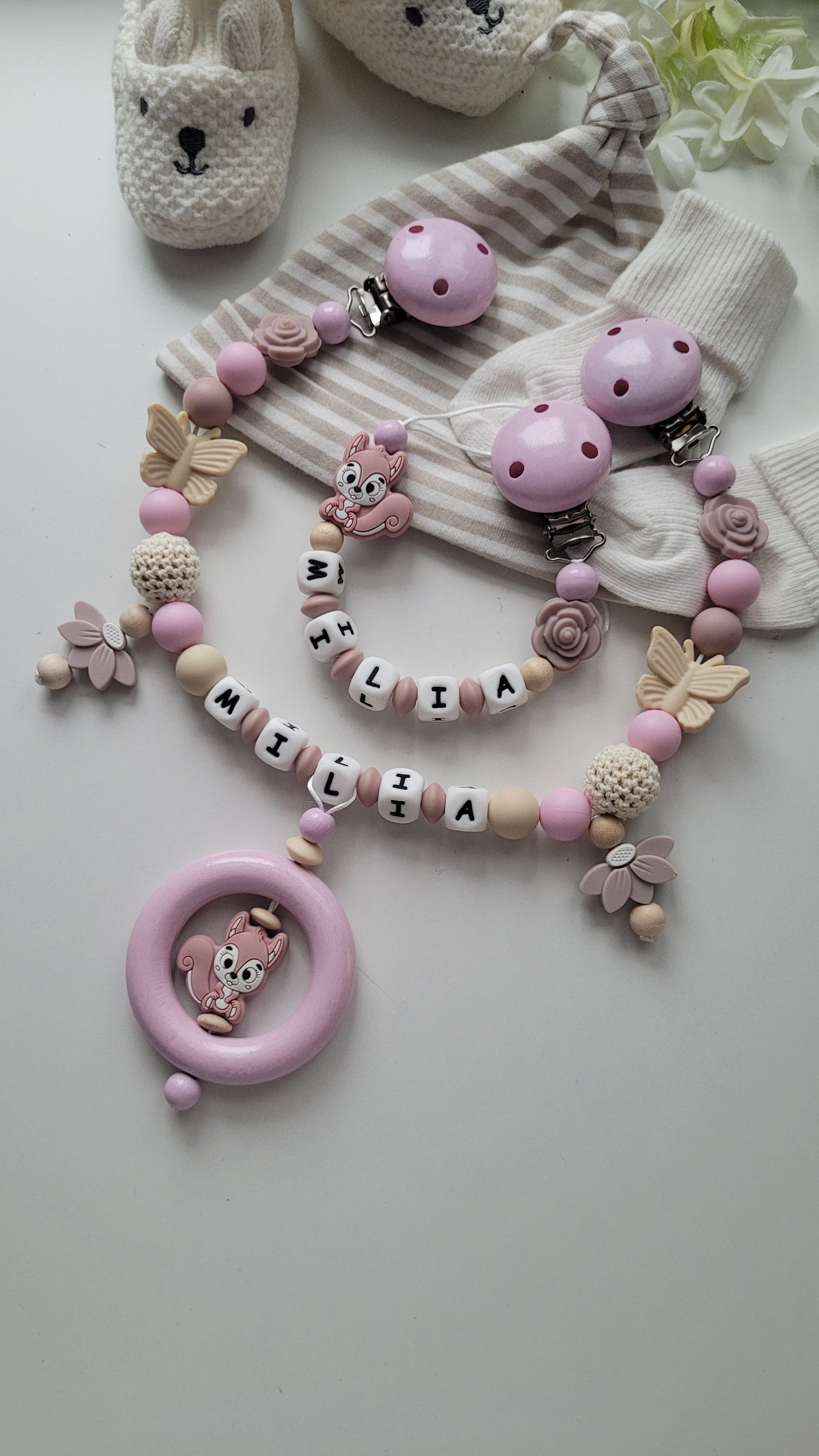 Kinderwagenkette & Schnullerkette mit Namen Eichhörnchen beige rosa