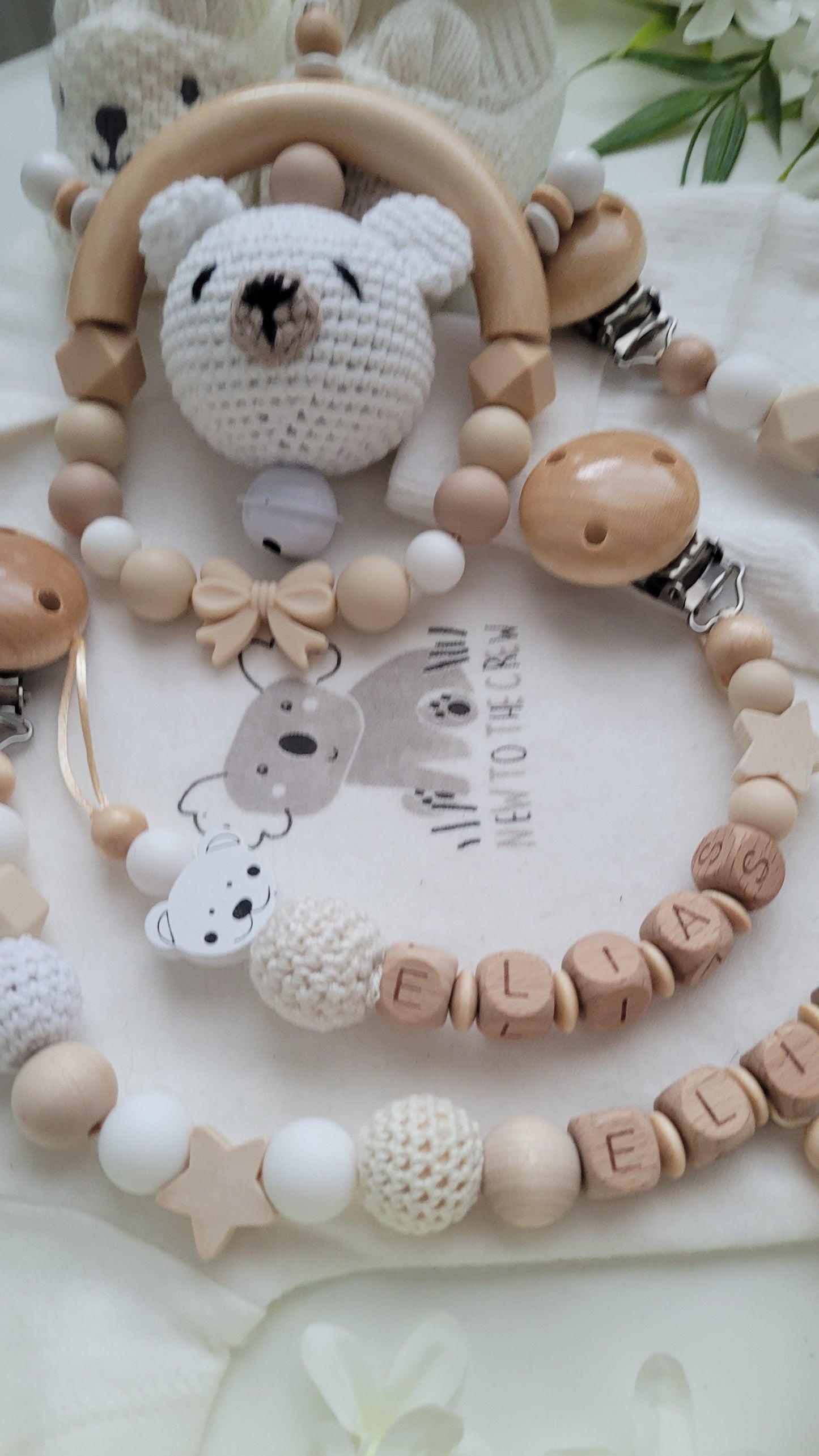 3tlg Set Schnullerkette Kinderwagenkette Greifling Teddy beige weiss