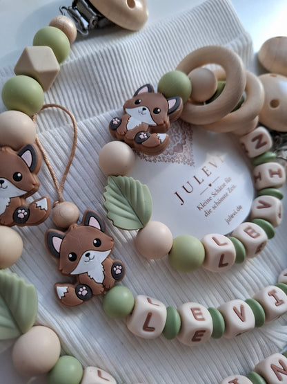 3er Set Schnullerkette Kinderwagenkette & Greifring mit Namen Fuchs salbei beige