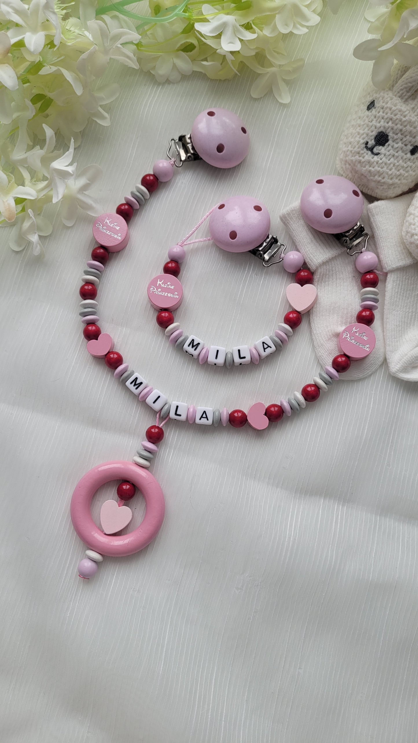 Kinderwagenkette & Schnullerkette mit Namen Kleine Prinzessin rosa weinrot