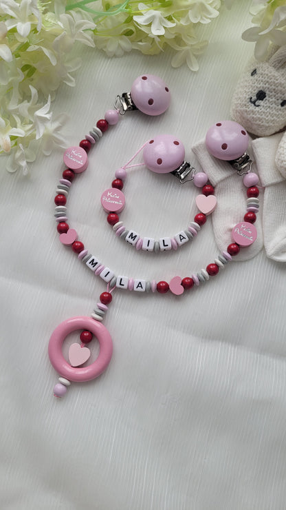 Kinderwagenkette & Schnullerkette mit Namen Kleine Prinzessin rosa weinrot