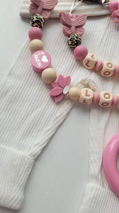 3er Set Schnullerkette Kinderwagenkette & Beissring mit Namen  Blumen &Schmetterlinge beige altrosa