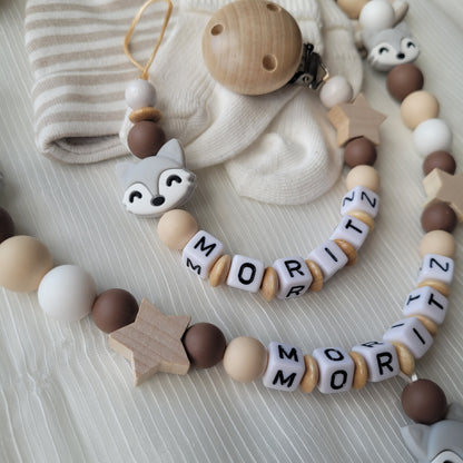 Kinderwagenkette & Schnullerkette Set Baby Fuchs für Jungen dunkelbraun beige weiss holz