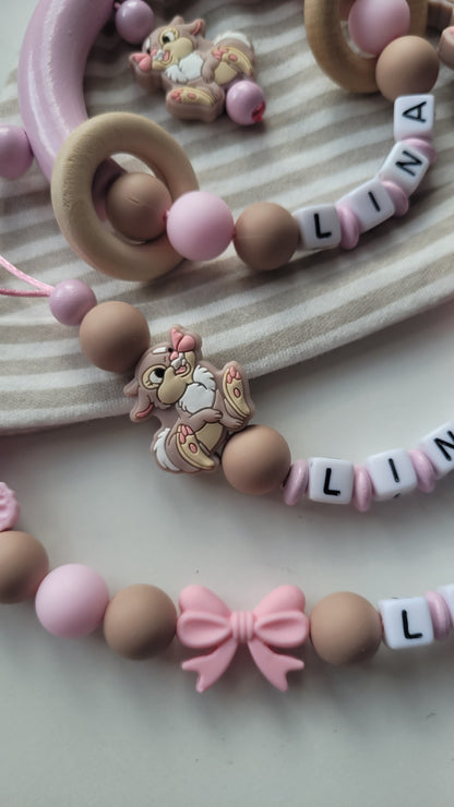 3tlg.Set Schnullerkette Kinderwagenkette & Greifring Hase Schmetterling rosa taupe