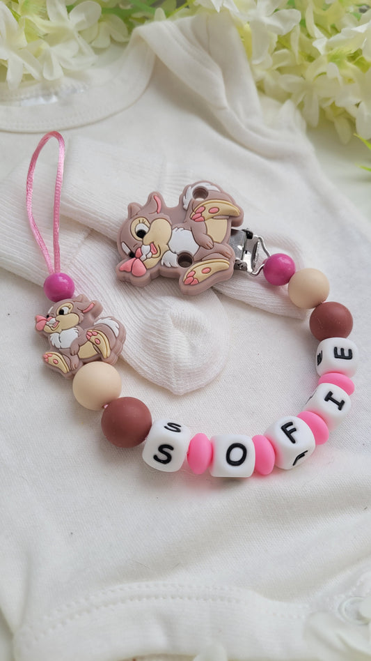 Schnullerkette mit Namen für Mädchen  Hase beige braun pink