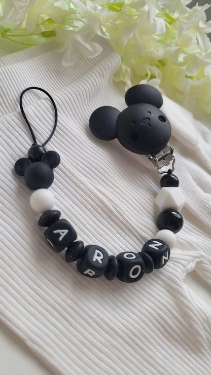 Schnullerkette mit Namen für Jungen Maus schwarz weiß