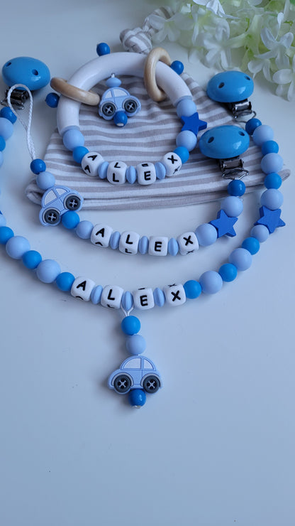 3tlg.Set Schnullerkette Kinderwagenkette & Greifring mit Namen Auto blau