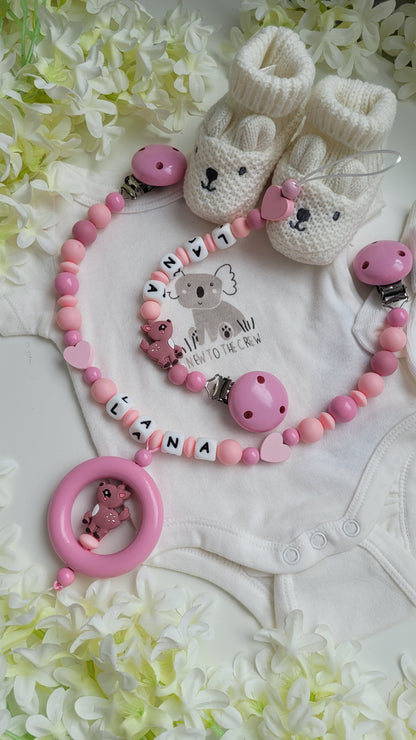 Kinderwagenkette & Schnullerkette mit Namen  Rehkitz peach rosa