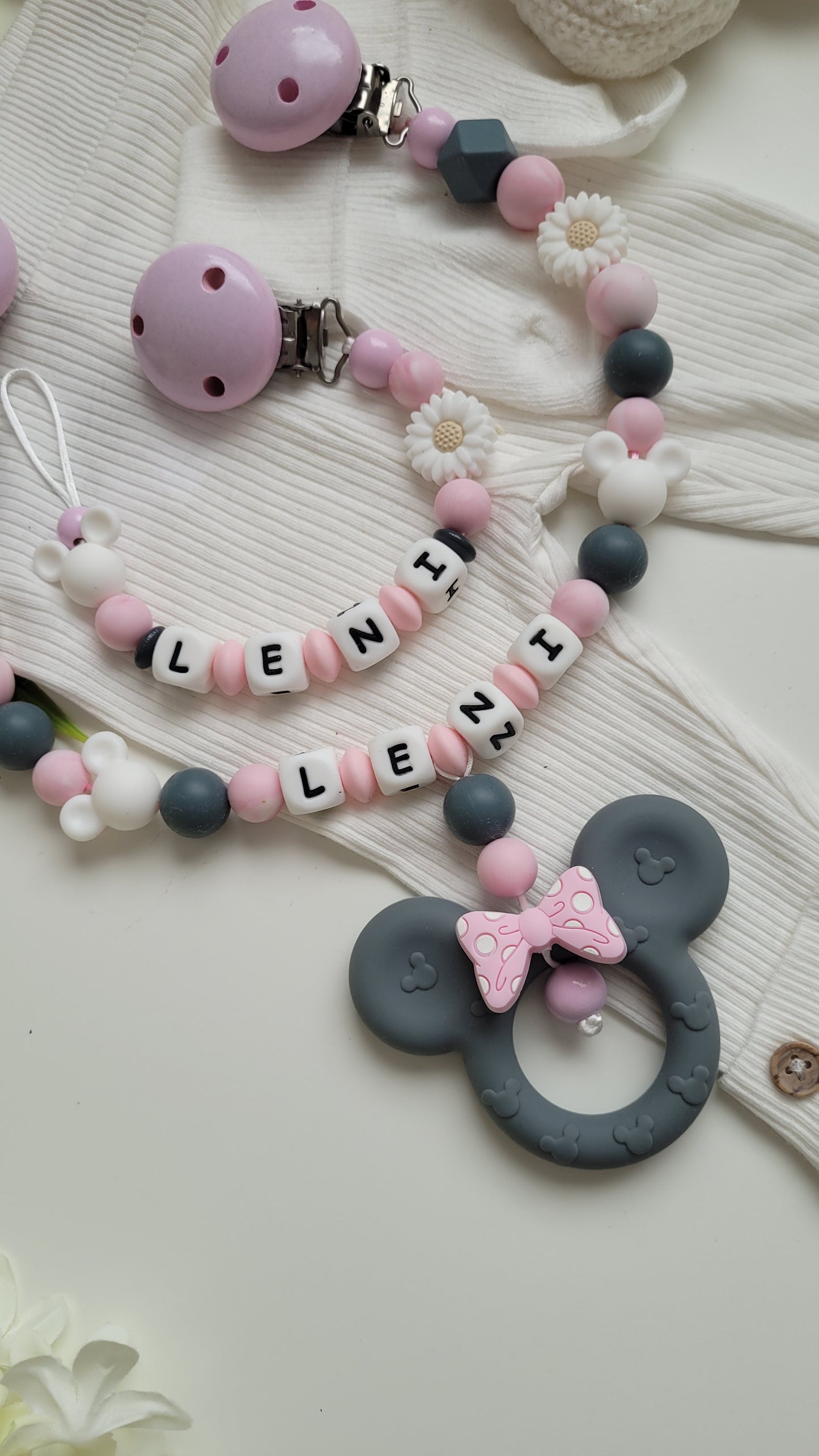 Kinderwagenkette & Schnullerkette *Minnie* grau rosa