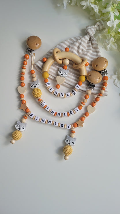 3tlg.Set Schnullerkette Kinderwagenkette & Greifring Fuchs orange holz