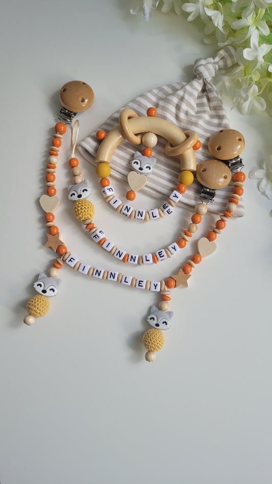 3tlg.Set Schnullerkette Kinderwagenkette & Greifring Fuchs orange holz