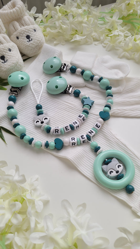 Schnullerkette & Kinderwagenkette  Fuchs türkis mint