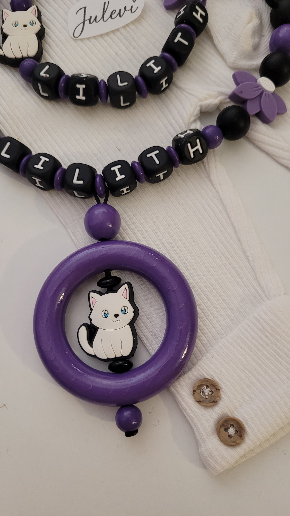 Kinderwagenkette & Schnullerkette mit Namen für Mädchen Katzen & Mäuse