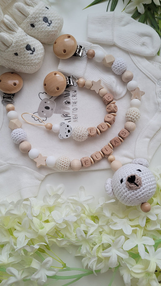 Kinderwagenkette & Schnullerkette Teddy weiss