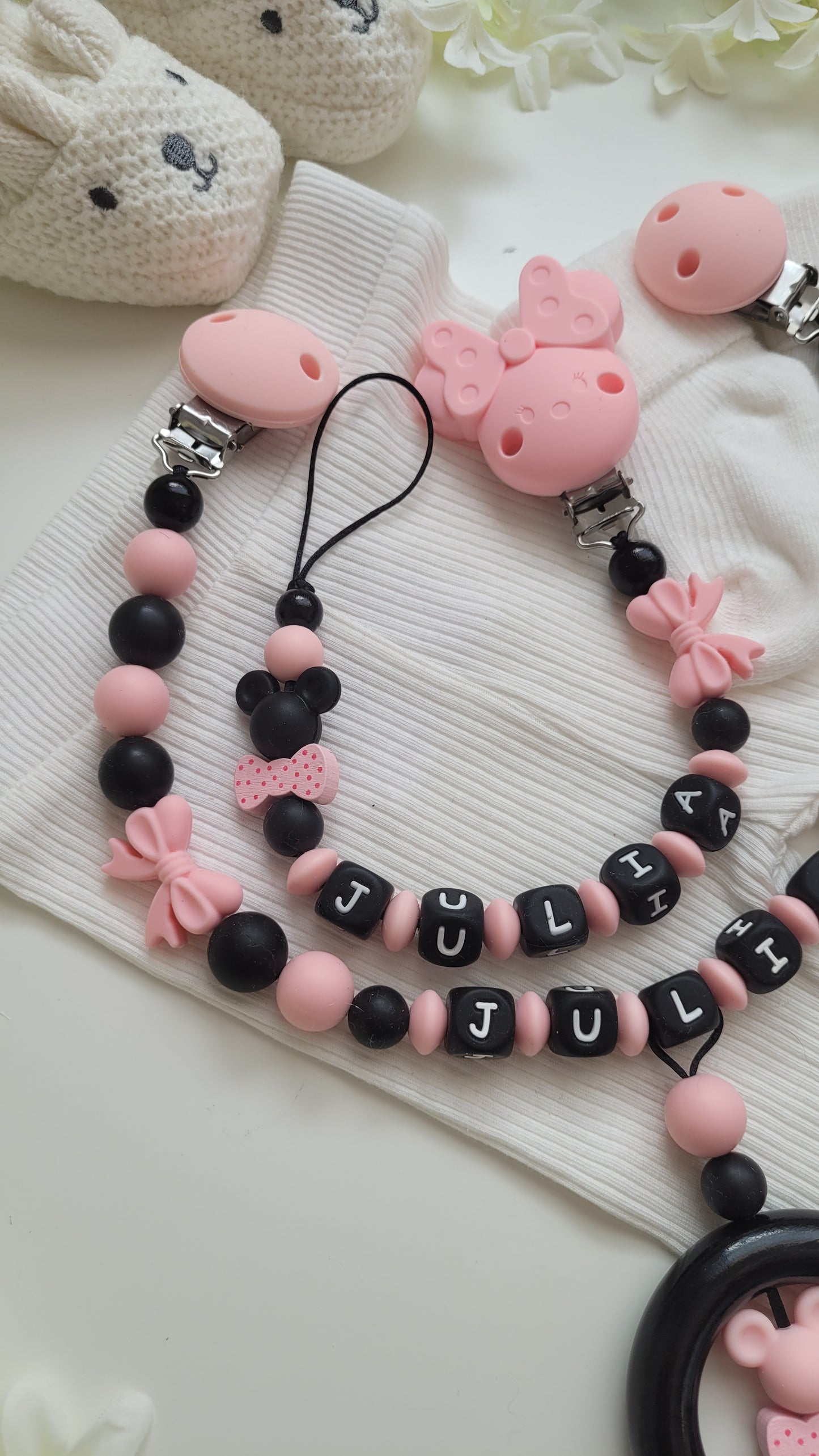 Kinderwagenkette & Schnullerkette apricot schwarz Set für Mädchen