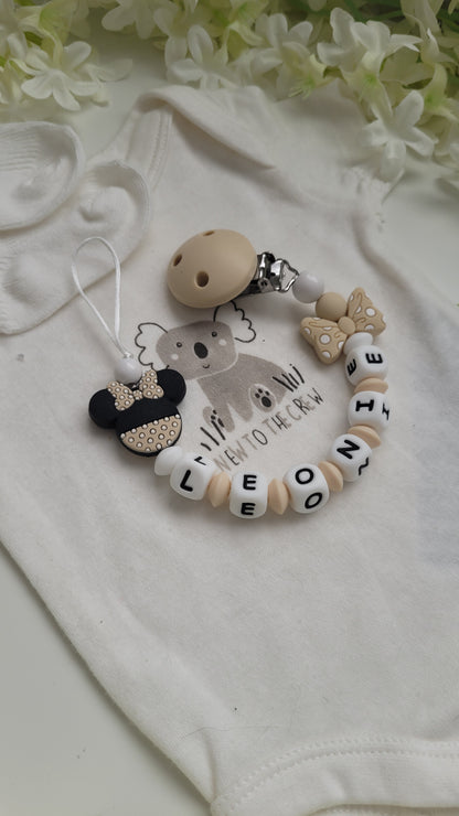 4 tlg Set Schnullerkette Kinderwagenkette Greifling & Schlüsselanhänger personalisiert Minnie beige