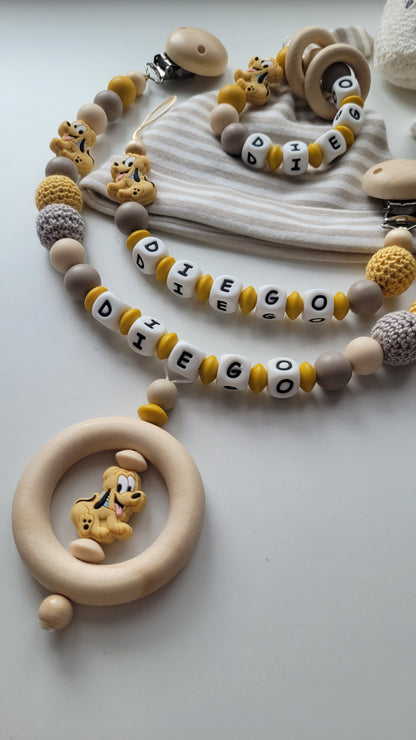 Schnullerkette Kinderwagenkette & Beissring mit Namen Hund beige graubraun gelb