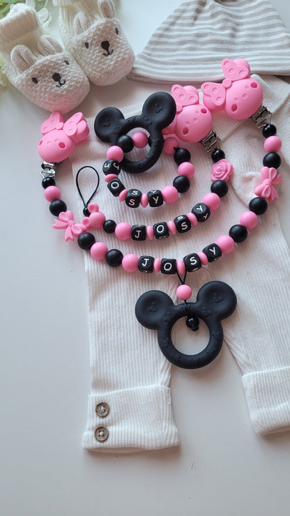 3er Set Kinderwagenkette & Schnullerkette mit Namen + Greifring für Mädchen Maus