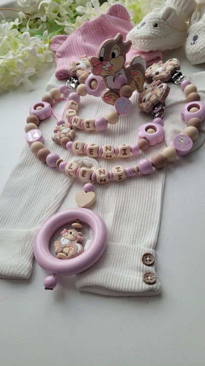 3tlg Set Schnullerkette Kinderwagenkette Beissring Hase & Blumen rosa taupe