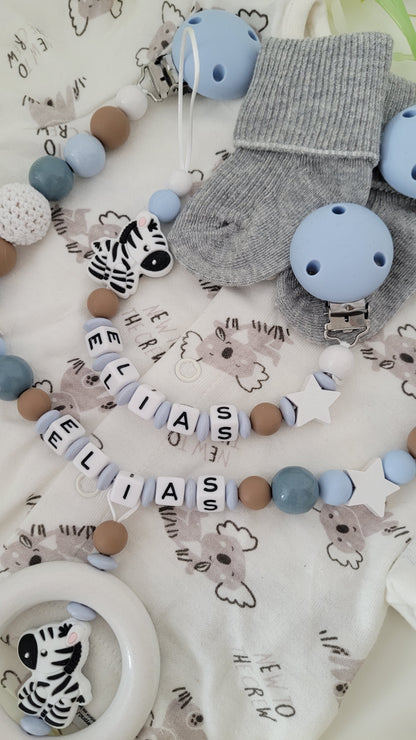 Kinderwagenkette & Schnullerkette * Zebra* blau grau