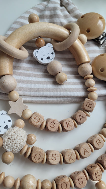 3tlg.Set Schnullerkette Kinderwagenkette & Greifring mit Namen Bärchen holz