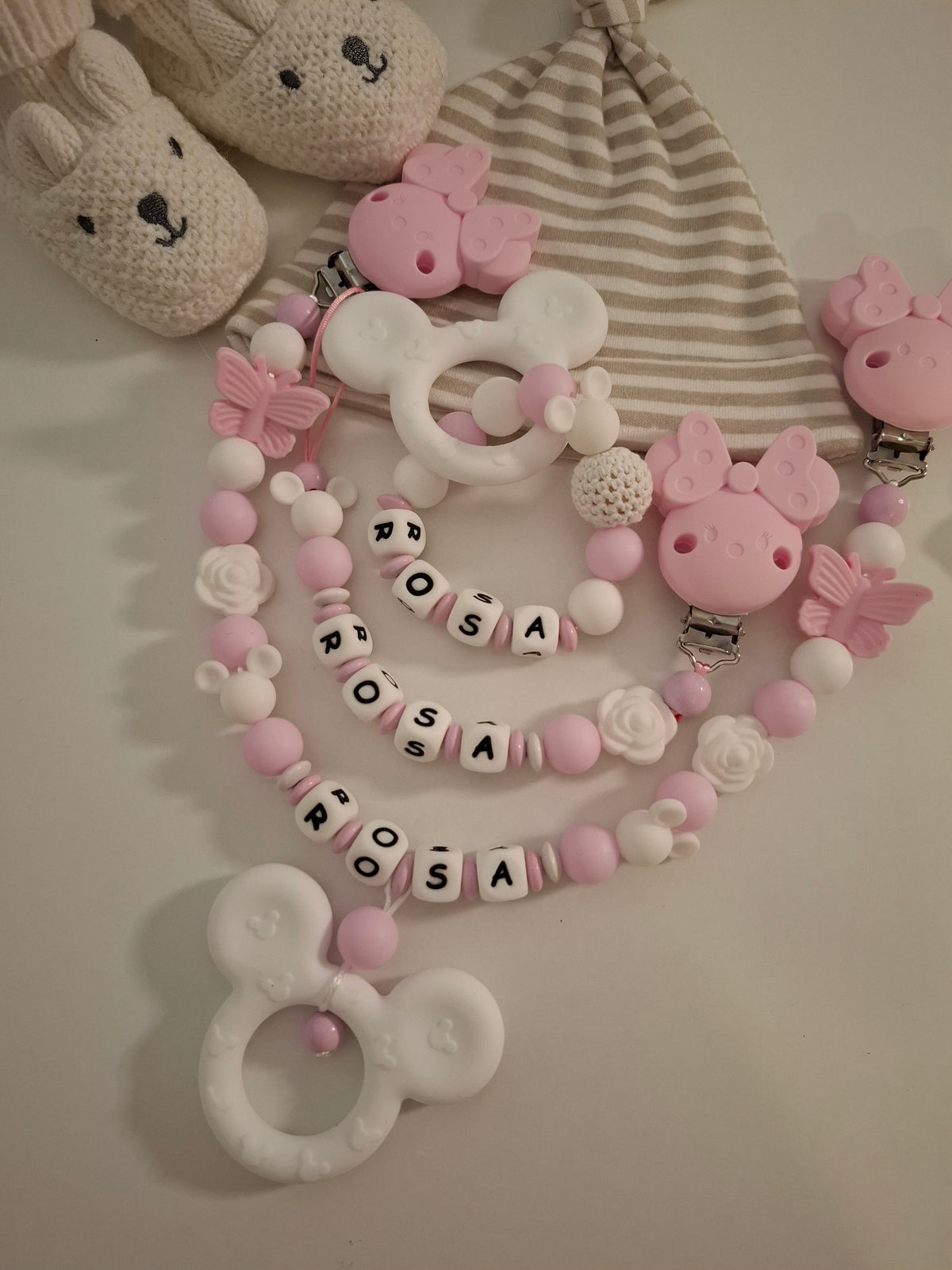 3er-Set Schnullerkette Kinderwagenkette & Greifring mit Namen Maus rosa weiss