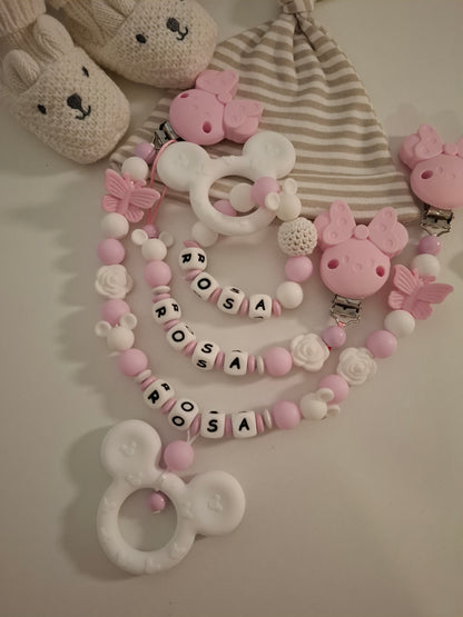 3er-Set Schnullerkette Kinderwagenkette & Greifring mit Namen Maus rosa weiss