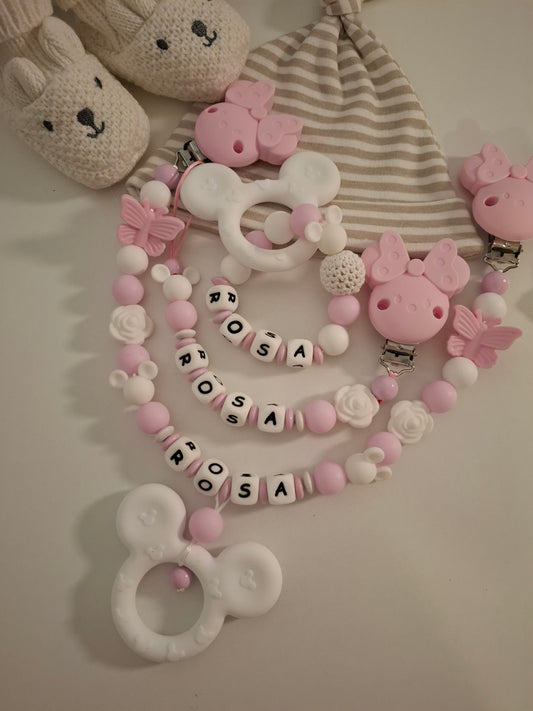 3er-Set Schnullerkette Kinderwagenkette & Greifring mit Namen Maus rosa weiss