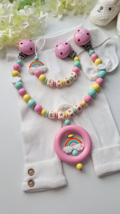 3er Set Schnullerkette, Kinderwagenkette & Greifring Regenbogen Pastellfarben