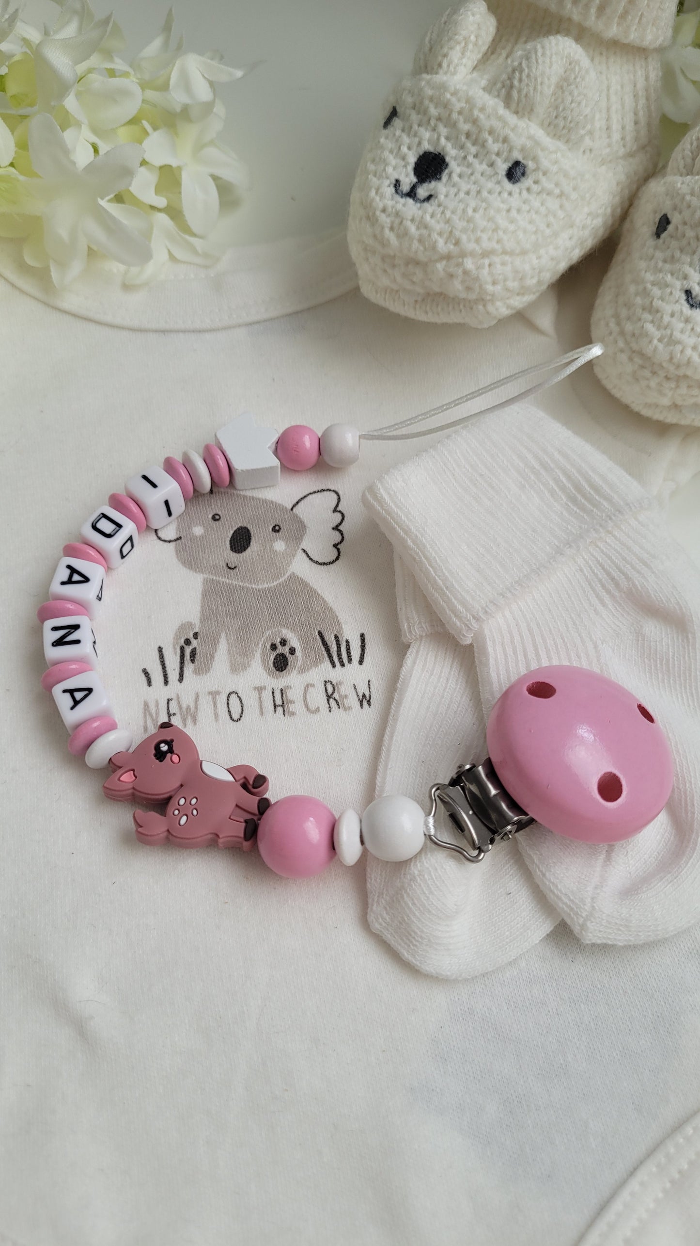 Schnullerkette mit Namen für Mädchen *Rehkitz* rose