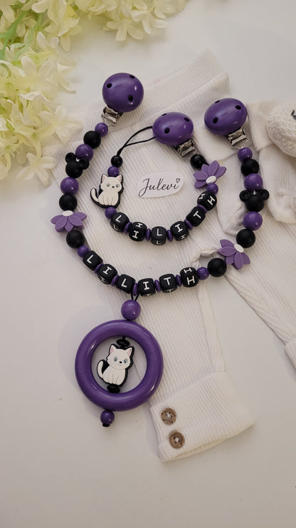 Kinderwagenkette & Schnullerkette mit Namen für Mädchen Katzen & Mäuse