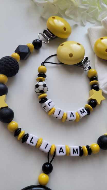 Kinderwagenkette & Schnullerkette  Fussball schwarz gelb