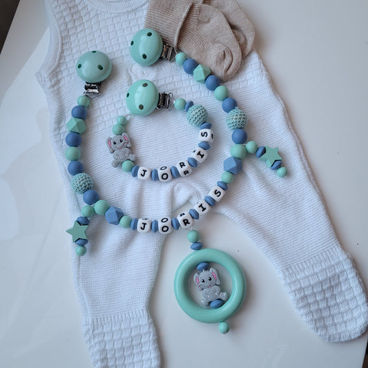 Kinderwagenkette & Schnullerkette mit Namen Elefant mint blau