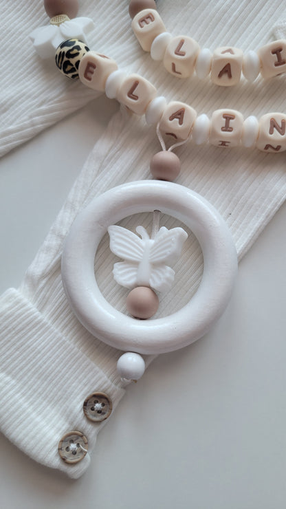 3er Set Schnullerkette Kinderwagenkette & Beissring mit Namen  Schmetterlinge leo weiss taupe