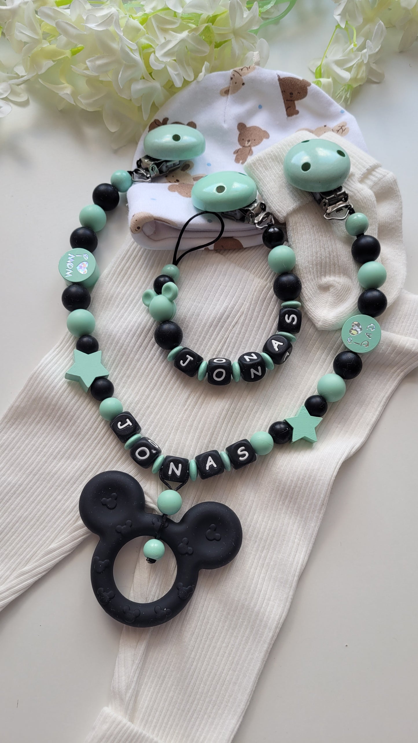Kinderwagenkette & Schnullerkette mit Namen Maus | mint | JULEVI