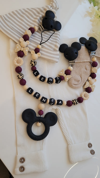 Kinderwagenkette & Schnullerkette mit Namen für Mädchen Maus weinrot beige schwarz