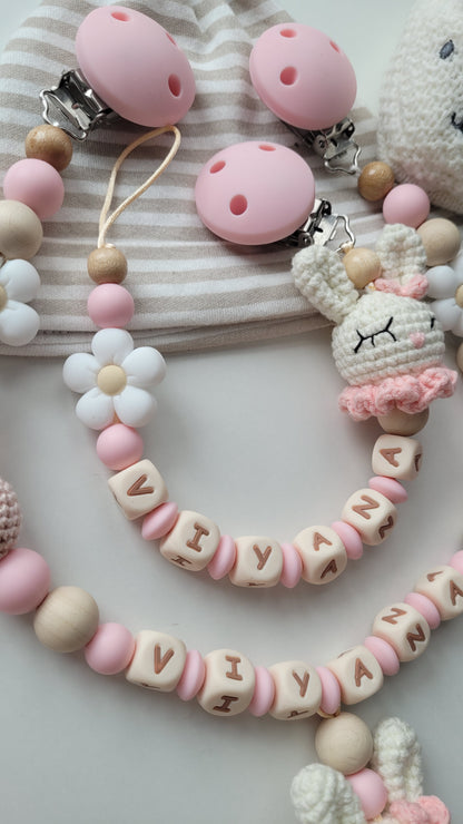 Schnullerkette Kinderwagenkette & Greifring für Mädchen Hase rose holz