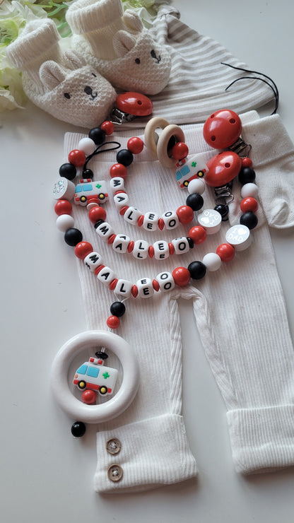 3er Set Schnullerkette Kinderwagenkette & Greifring Krankenwagen