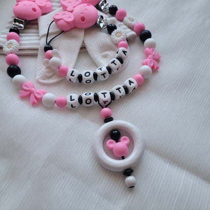 Kinderwagenkette & Schnullerkette mit Namen für Mädchen Maus pink schwarz