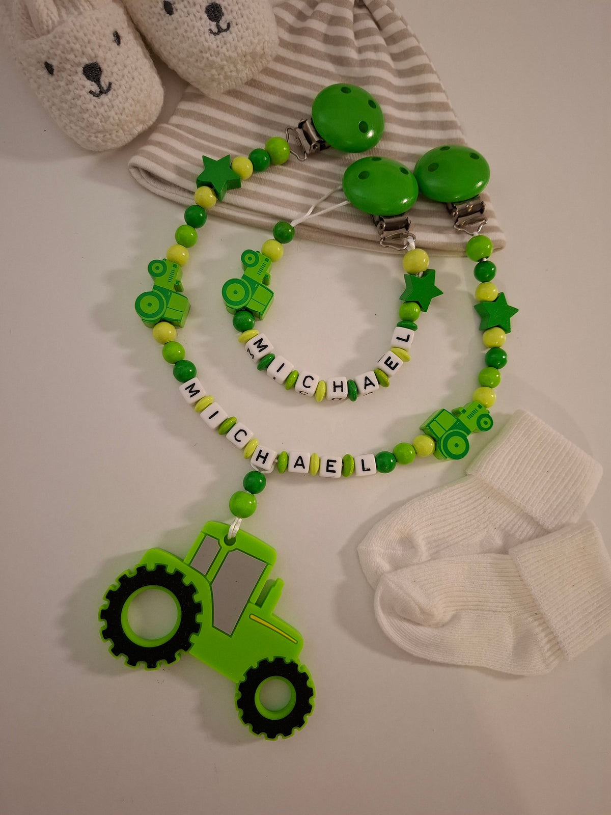 Kinderwagenkette & Schnullerkette Set mit Namen Traktor grün hellgrün personalisiert