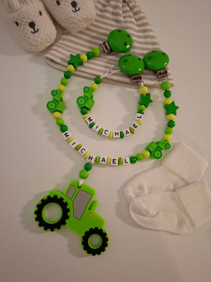 Kinderwagenkette & Schnullerkette Set mit Namen Traktor grün hellgrün personalisiert