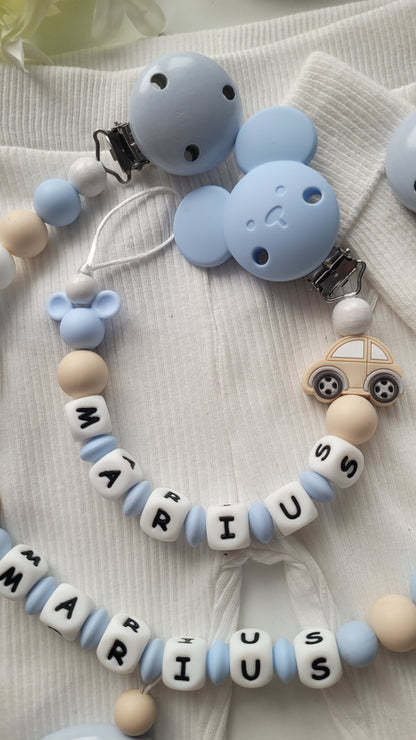 Kinderwagenkette & Schnullerkette mit Namen Auto & Maus