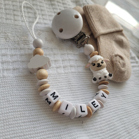 Schnullerkette mit Namen Wolke & Schaf weiss holz