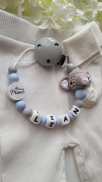 Schnullerkette mit Namen Jungen Elefant gehäkelt blau grau | personalisiert